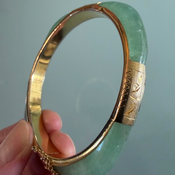 Vintage Jade Square Bangle Bracelet w/ Gold Inlay – Sterling Silver 925 - Picture 3 of 15